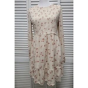 American Eagle Cream & Rust Floral Dress Smocked Long Sleeve Boho Casual Sz S/P